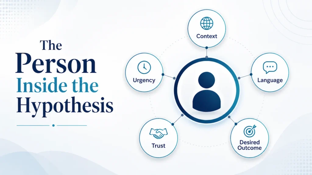 A person icon representing your ideal client archetype at the center of five connected factors: context, urgency, language, trust, and desired outcome.