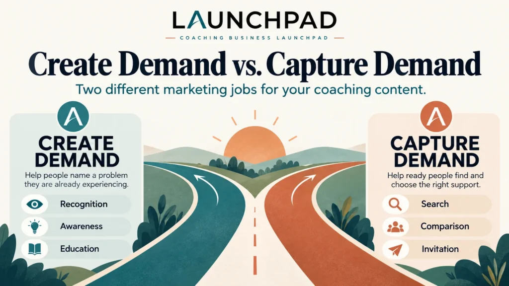 Infographic comparing create demand and capture demand for coaching content, with create demand focused on recognition, awareness, and education, and capture demand focused on search, comparison, and invitation.